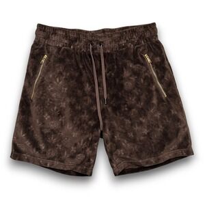 Maison Article Fleece Shorts Men L Brown Embossed Monogram Plush Velour Gold Zip